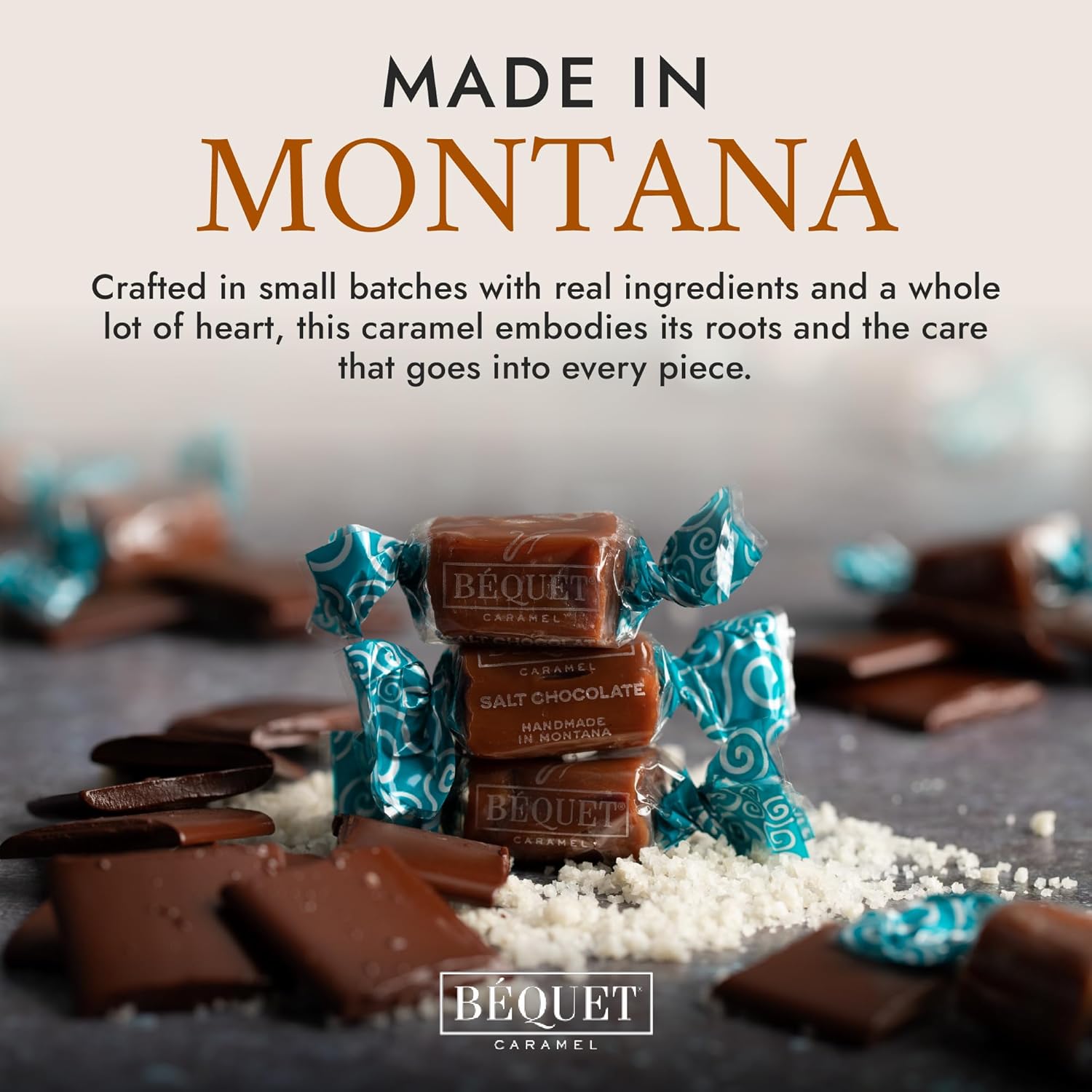 Béquet Caramel - Salt Chocolate Caramel - Caramel Candy Individually Wrapped - Gourmet Caramel Candy - Made in Montana - Kosher (Star-D) and Gluten Free - 24oz Resealable Pouch