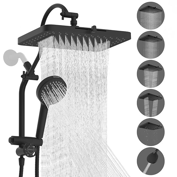 Hibbent cUPC Certified 13'' Shower Head Combo, High Pressure 5 Spray Rainfall Showerhead, 10 Spray Mode Handheld, All Metal Easy Reach 4-way Diverter Arm with Pause Mode, 71'' Hose and Holder, Black