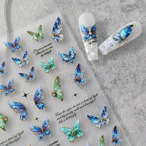 Calcomanías de arte de uñas de mariposa, calcomanías de uñas en relieve 5D verde y azul, diseños de mariposas acrílicas, calcomanías de uñas para