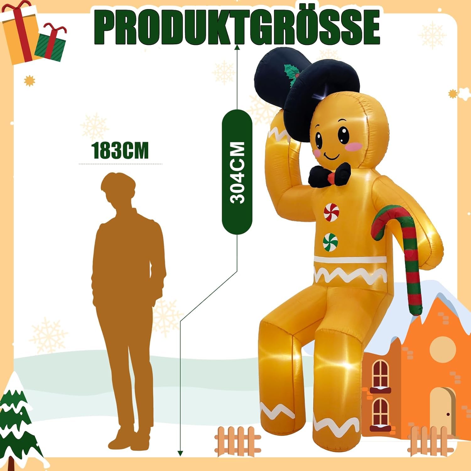 300CM Aufblasbare Weihnachtsdeko Außen, 10FT Kletternd Lebkuchenmann Deko Weihnachtsdekoration mit LED, XXL Weihnachtsdeko Aussen IP44 Wetterfest für Dach Außen Innen Garden Rasen
