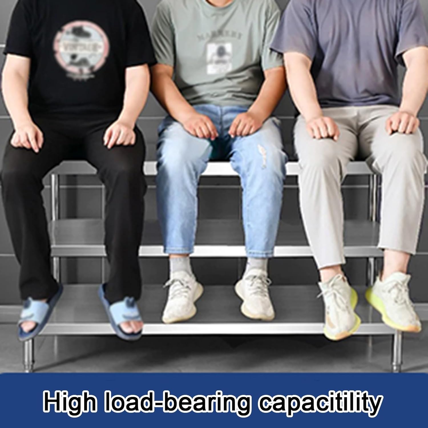 3-Tier Kitchen Workbench Stainless Steel Work Table with Backrest H 80cm Cross-Beam Reinforced Adjustable Feet Brushed Finish Rounded Corners Plug-in Splash Guard Design 2 Shelves 1 Rack