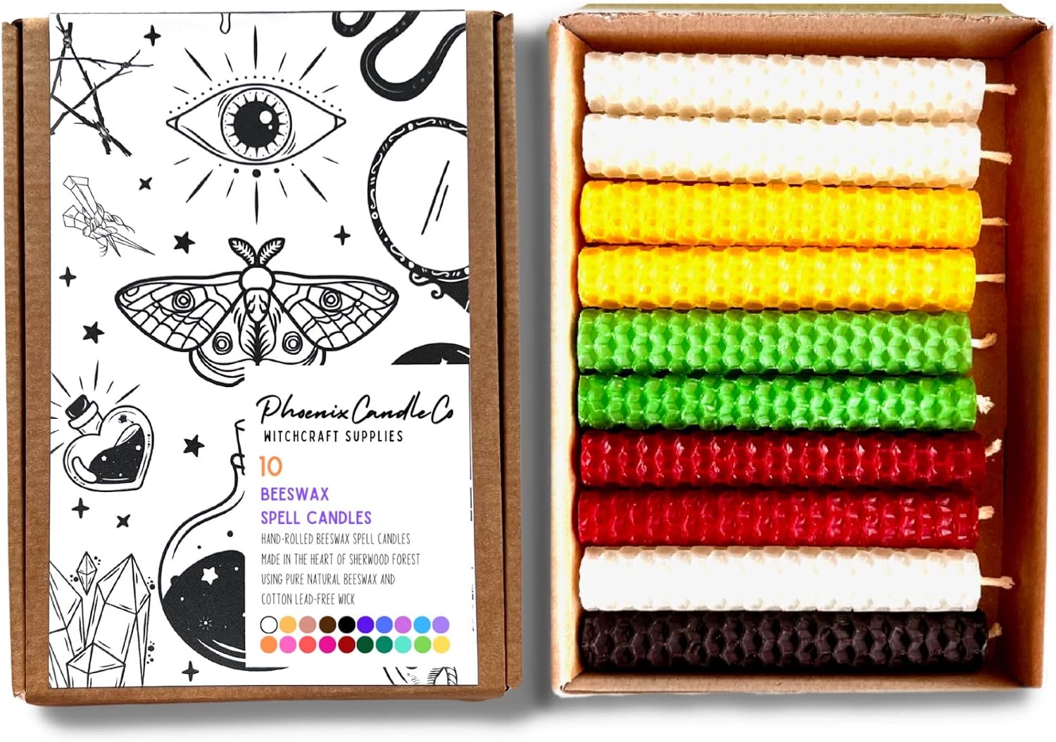 10 Pack of 4 Inch Beeswax Spell Candles | Assorted Colours | Unscented | Mini 2022 Moon Calendar | Colour Chart | Hand-Rolled | Burn Time 80 Mins (Advent)