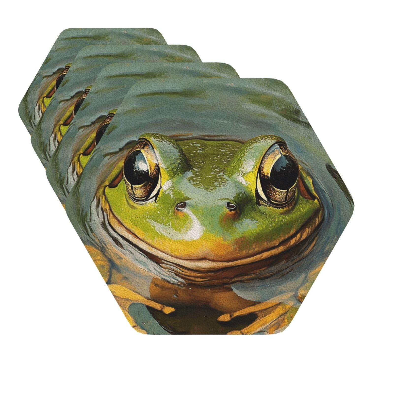 Drink Coasters Set of 4 Quick-Dry Leather Coaster Frog in a pond Coasters for Drinks Coffee Cup Mat Tabletop Protection Heat Resistant Coaster for Kitchen Bar Office Home Decor