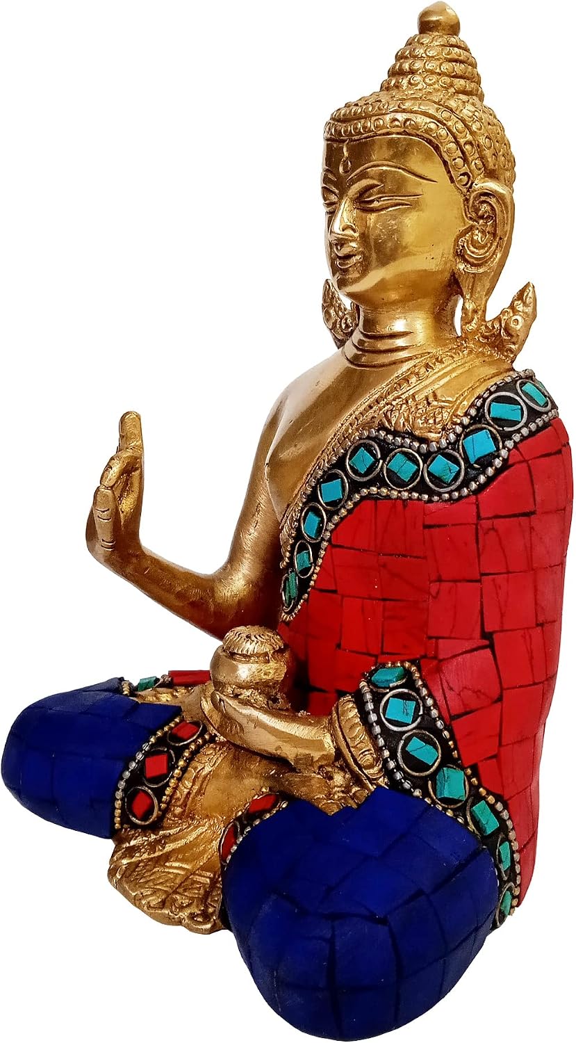 Purpledip God Statue of Lord Buddha in Solid Brass Metal with Turquoise Gem-Stone Work Buddha in Vitarka Mudra Preaching Form 10512