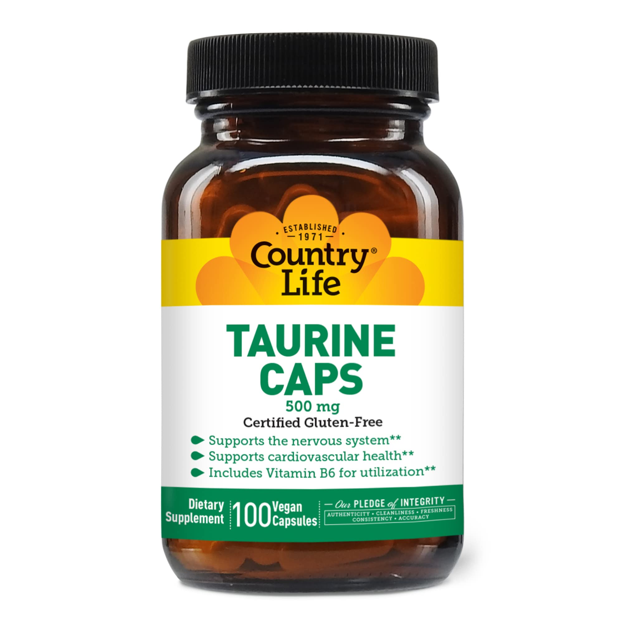 Country Life Taurine 500 mg with Vitamin B6, 100 Vegan Capsules 100 Count (Pack of 1)