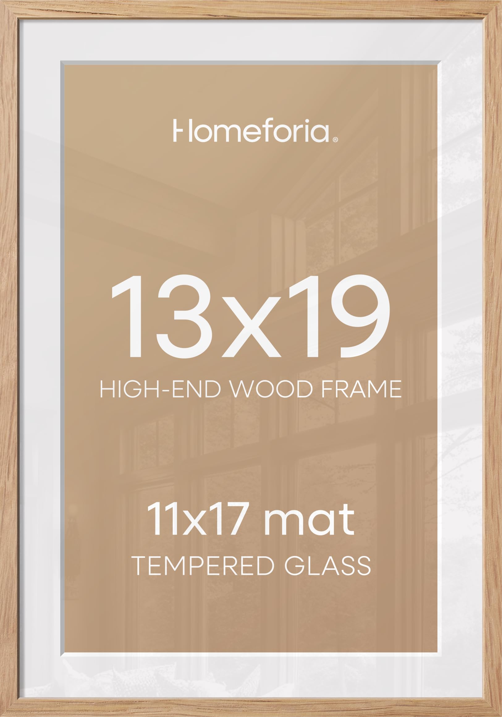 Homeforia 13x19 Natural Oak Picture Frame, High-End Wood, 11x17 Mat, Glass | High End Solid Oak Wood, Tempered Glass, Acid-Free 11x17 Removable Mat, 13x19 Edge-to-Edge Display 19x13, Wall Kit, Set Of 3