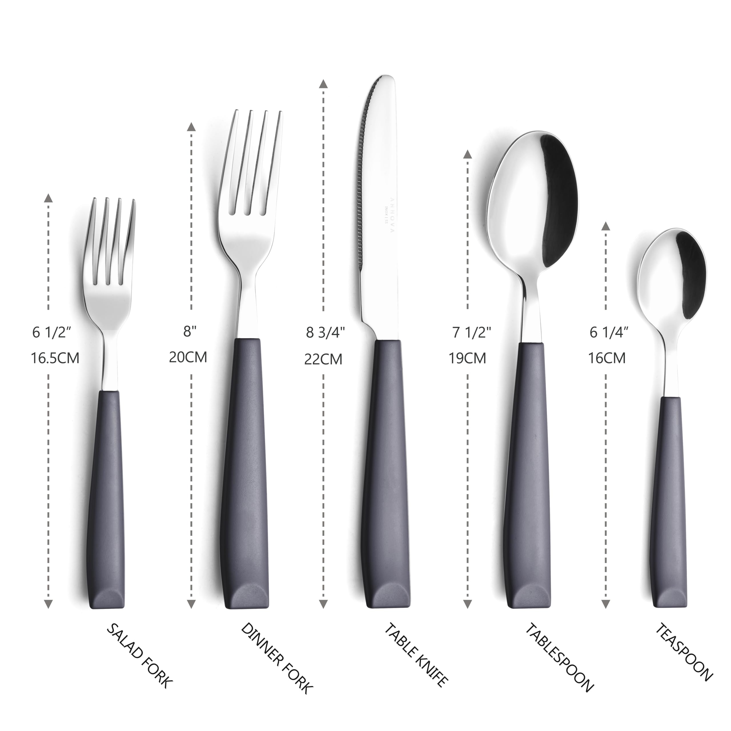 Annova 20-teiliges Edelstahl-Besteck-Set – farbige Griffe – 4 x Menuegabeln, 4 x Salatgabeln, 4 x Menümesser, 4 x Esslöffel, 4 x Teelöffel – Service für 4 (Grau, 20 Stück)