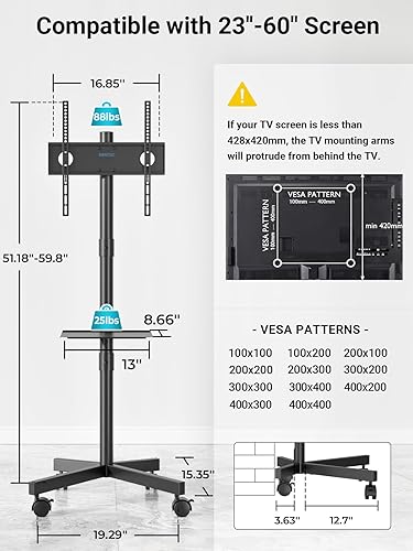 Miniatura 7 de BONTEC - Soporte de TV móvil para televisores de 23 a 60 pulgadas, soporte de TV rodante con ruedas de bloqueo, altura ajustable, estante Negro