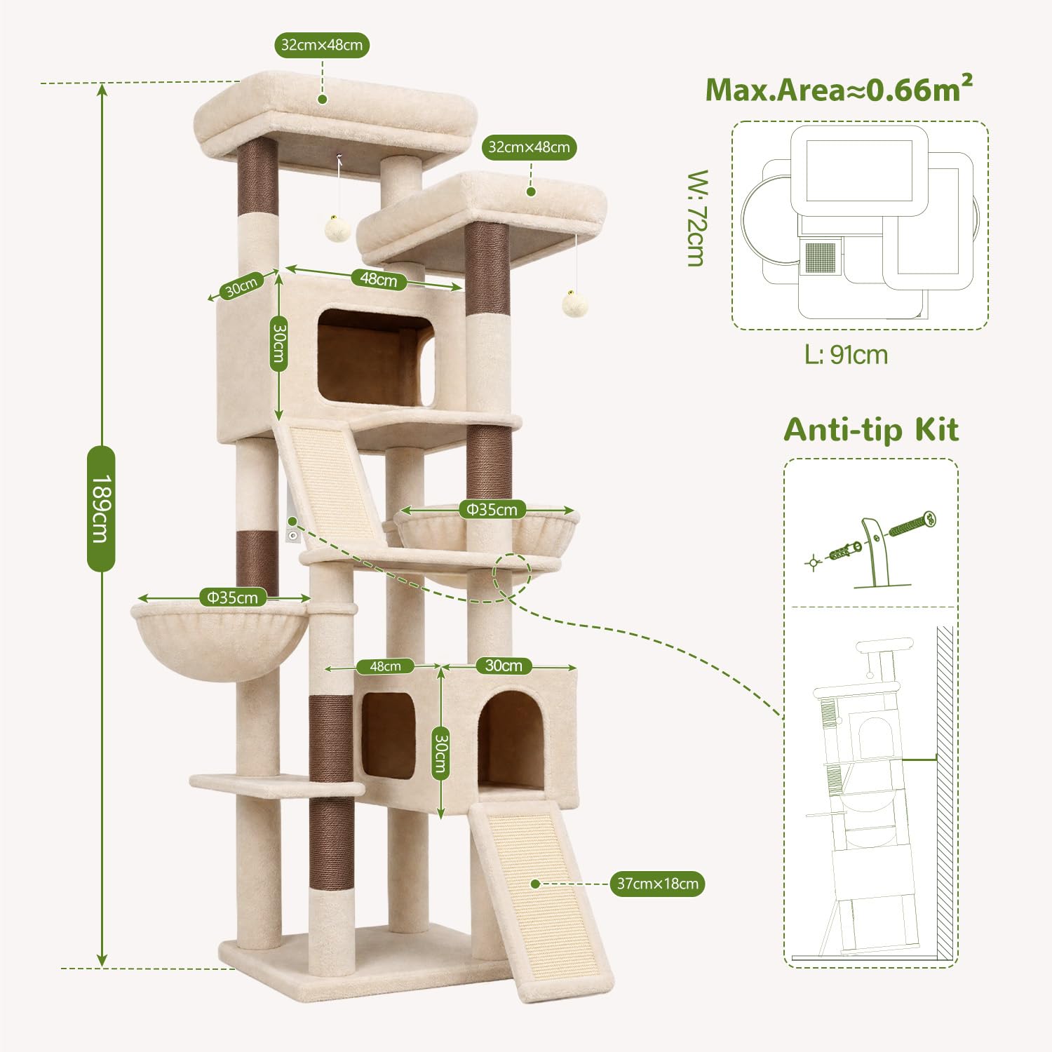 Globlazer Árbol Rascador Beige XXL Estable 190 cm para Grande Gatos F74C | Diseño estable y antivuelco, 2 Tabla Rascar Sisal, manual ilustrado.Árbol Rascador para Grande Gato Adulto Gatos Más de 7 kg.