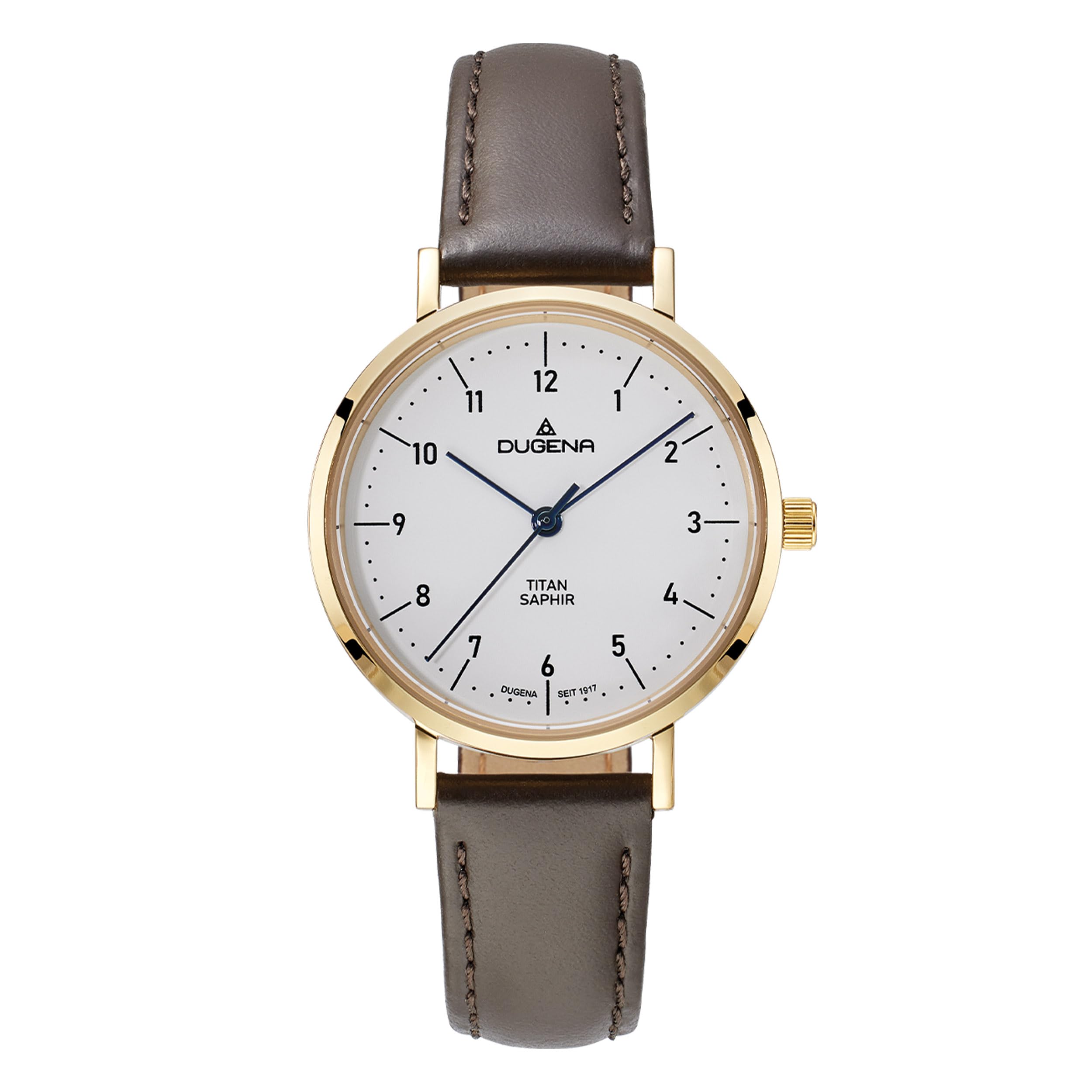Dugena Damenuhr Stuttgart 4461219 – Damen Armbanduhr Quarz, Titangehäuse Gold, Saphirglas, graues Lederband, 3 bar