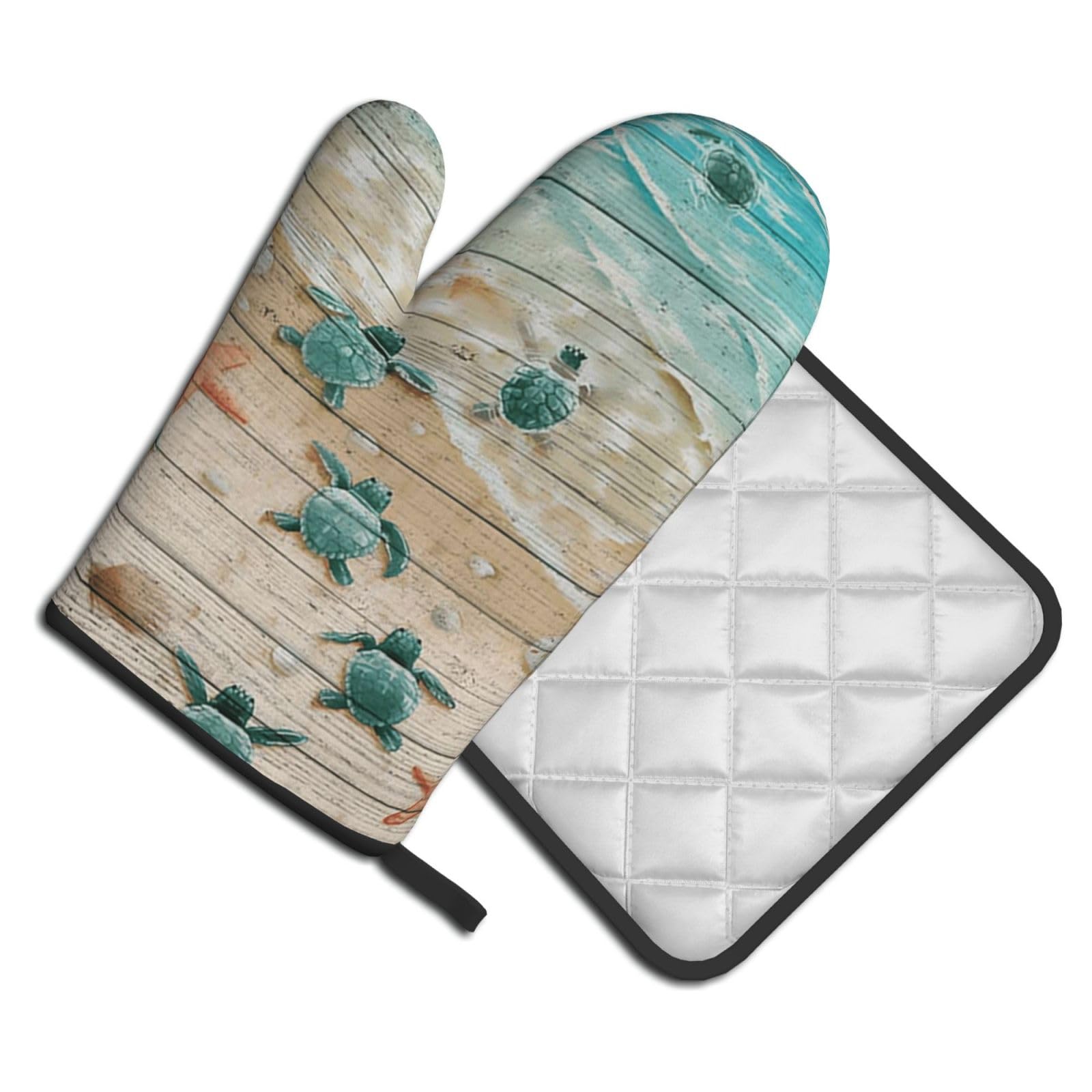 Oven Mitts and Pot Holders Set of 2 Pcs, Sea Turtle Printed Heat Resistant Kitchen Gloves Potholders for Cooking Baking Grilling