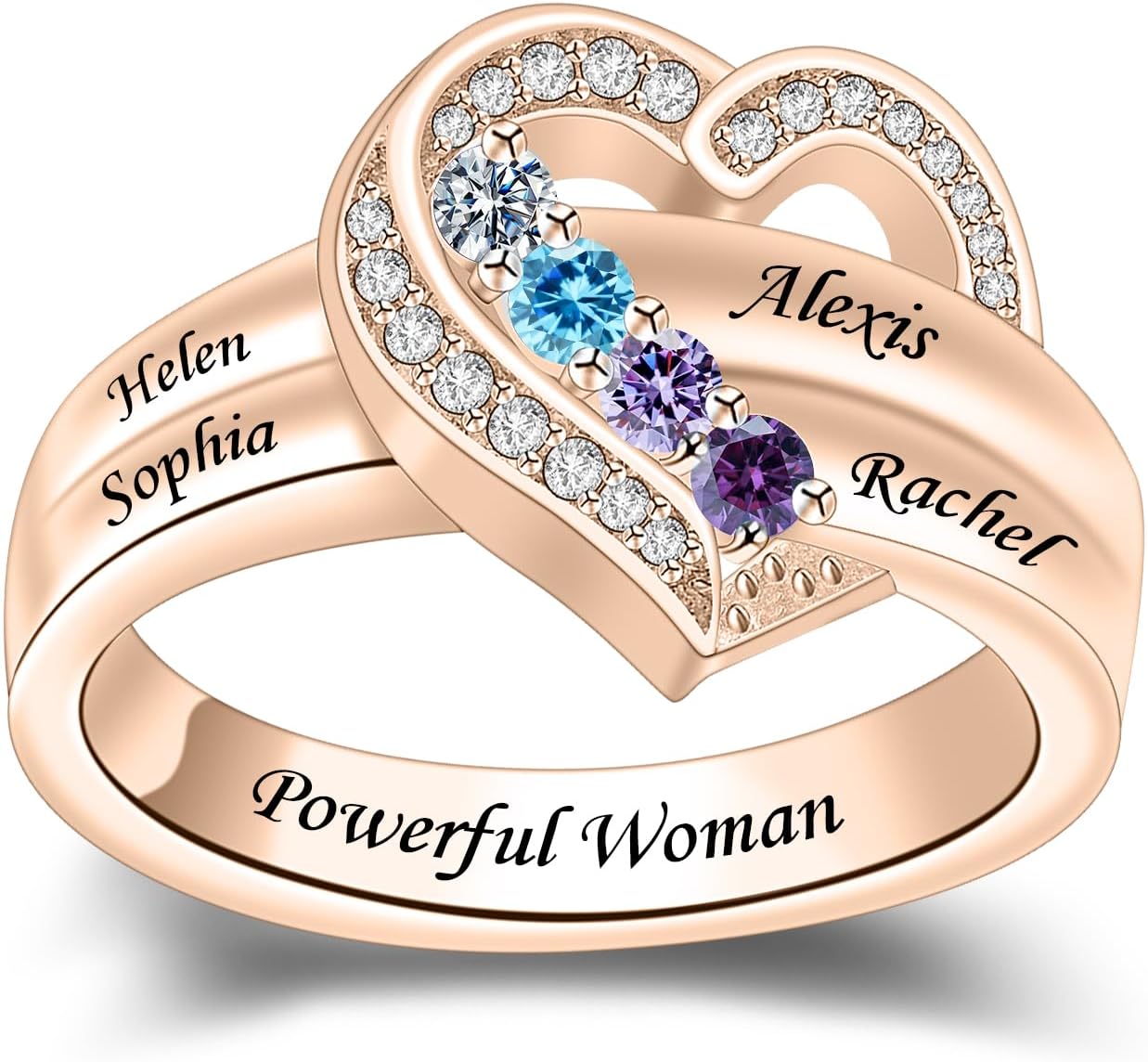 Personalized Heart Shaped Ring Silver Stackable Rings Mother Ring with Birthstones Engraved Name for Women Gift for Mother Grandmother