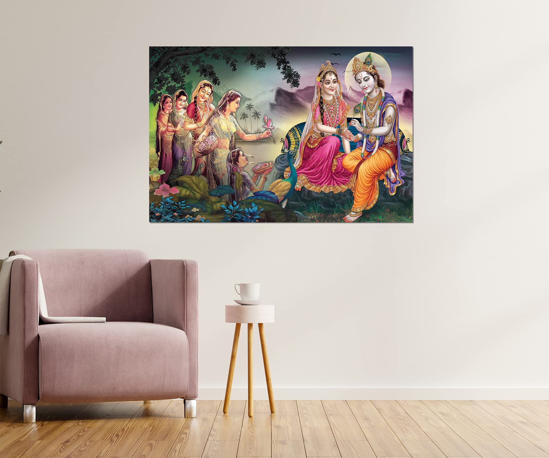 Masstone Sparkle Coated Radhe Krishna with Gopis Self Adhesive | Wall Painting Without Frame | Home Decoration, Offices, Hotels | 36x24 Inch | Set of 1