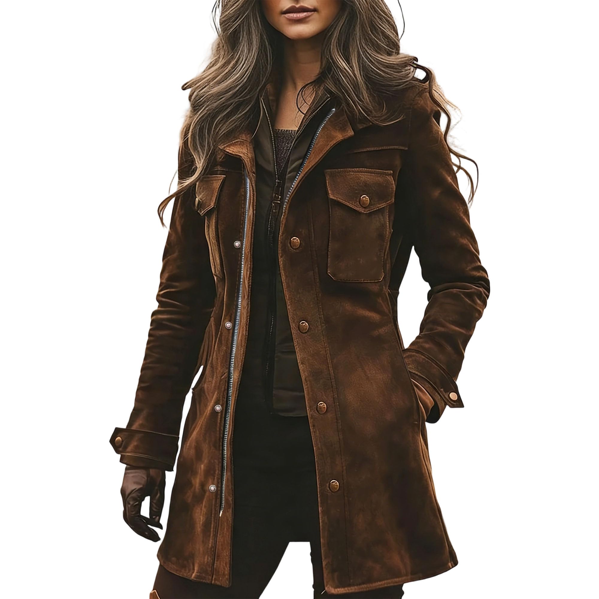 Giacca primaverile leggera da donna retrò in pelle scamosciata sintetica giacca con cerniera cappotto militare casual midi lungo Outwear