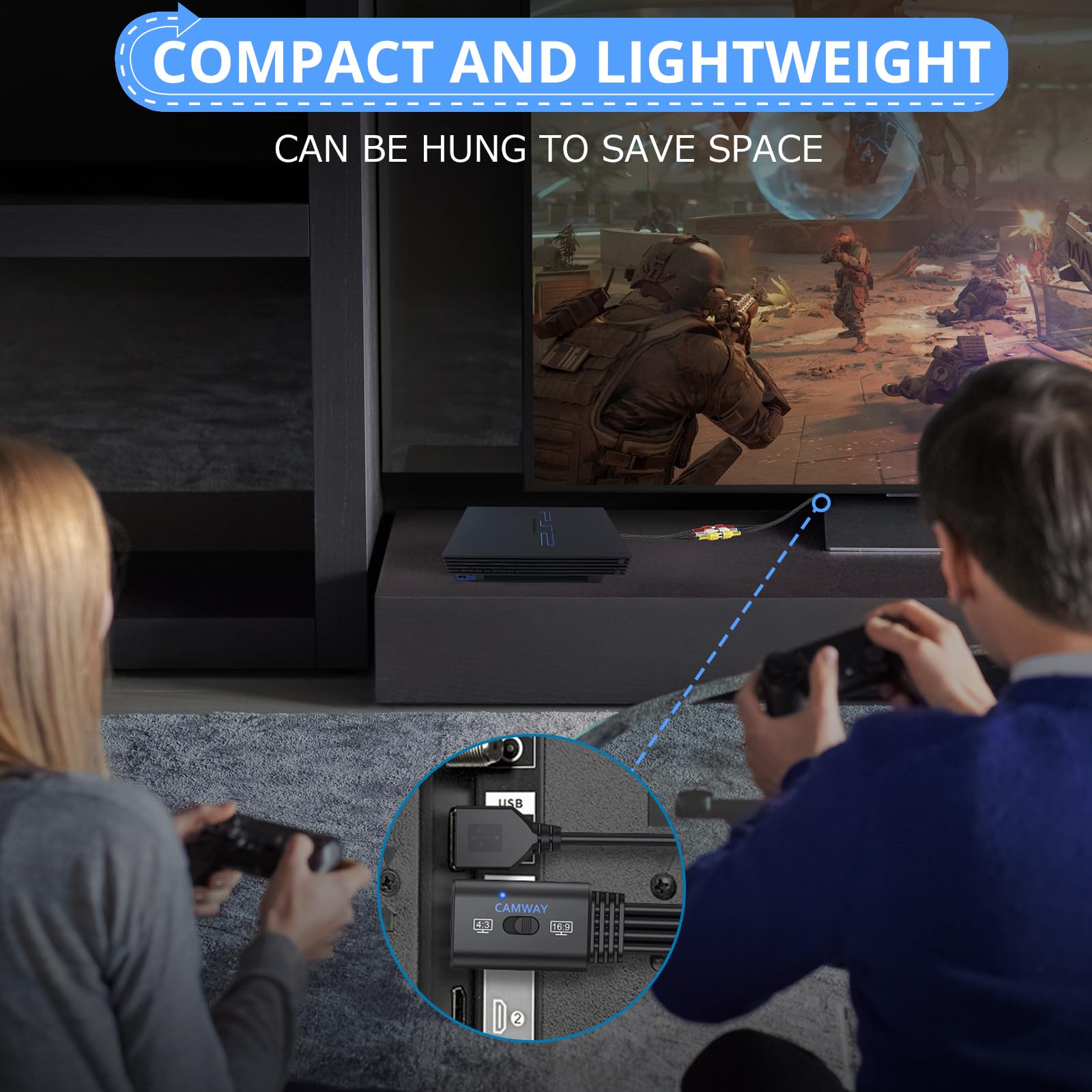 CAMWAY Konwerter RCA na HDMI, adapter audio wideo 1080P AV z przełącznikiem proporcji 4:3/16:9, kompozytowy CVBS RCA żeński na HDMI męski kabel do gier retro, PS2, N64, Wii, magnetowidu, VHS, DVD, 60