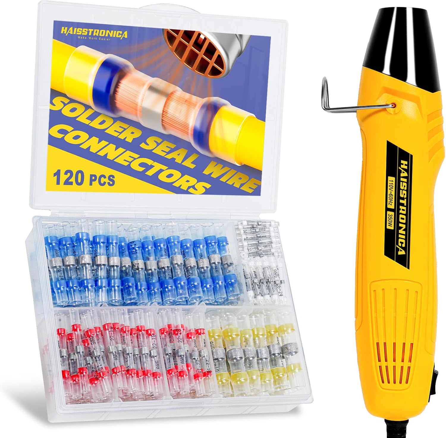 haisstronica 120 PCS Solder Seal Wire Connectors with Mini Heat Gun Kit, Waterproof Heat Shrink Wire Connectors, 10-26 AWG Solder Stick Wire Connectors for Automotive, Marine & Wiring Repair