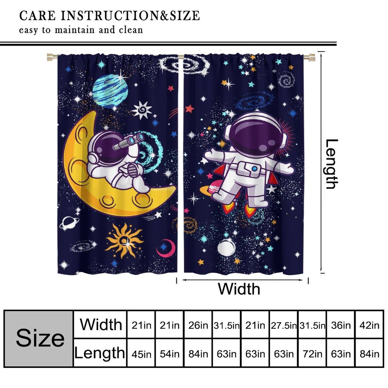 AAVEUP Kids Astronaut Curtains, Cartoon Cute Funny Universe Galaxy Moon Rocket Alien Spaceman Window Treatments Drapes for Boys Nursery Childcare Bedroom Living Room 42x45in?No Blackout?