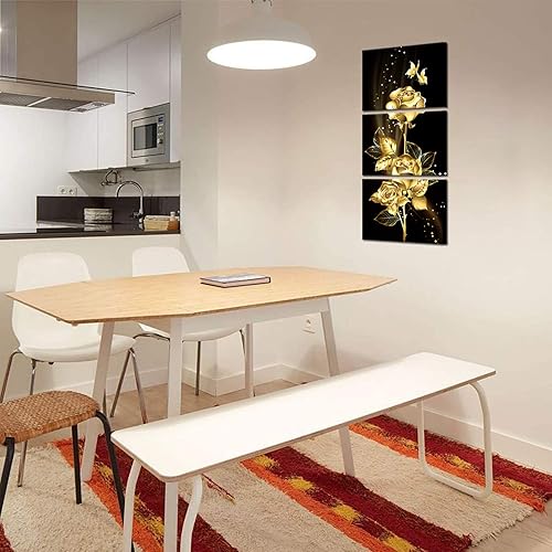 Miniatura 4 de Biuteawal Lienzo decorativo para pared, diseño de rosas doradas y mariposas sobre lienzo, elegante cuadro floral, 3 paneles, obras de arte