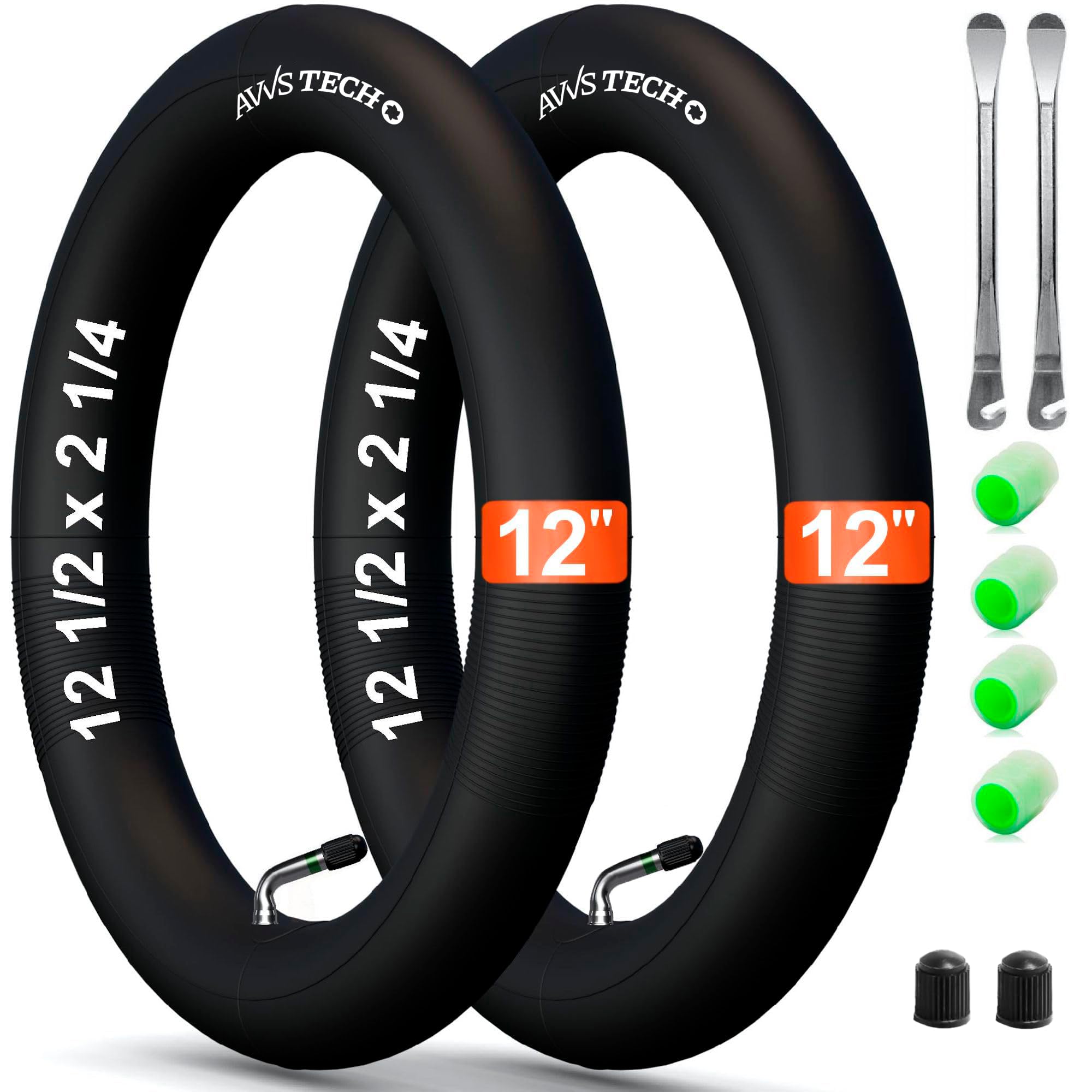 2X 12 Zoll Schlauch für Kinderfahrrad, Kinderwagen, Laufrad & Roller | für 12 1/2x2 1/4 (57-203), 12x1.75 (47-203), 12x2.10 (54-203) | mit AV 90° + 4 Leucht-Ventilkappen