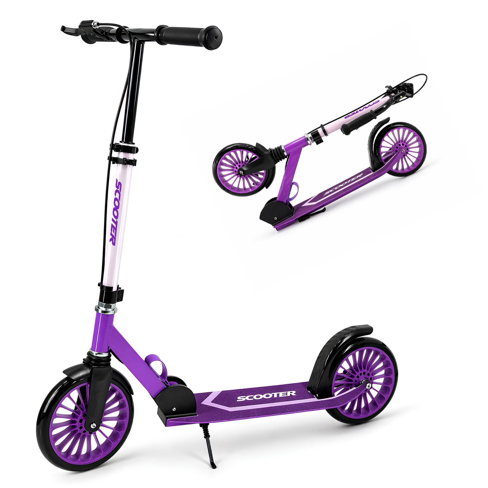 Kick Scooter with Handbrake, for Kids 6+, Teens Adults Adjustable Height Handlebars,Large Wheel Foldable Scooter, Dual Braking System Indoor Outdoor Sports Purple