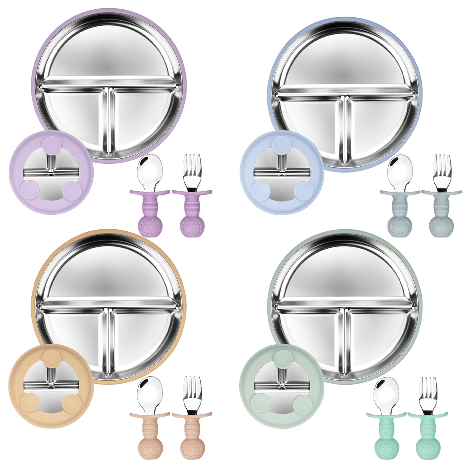 Set di 4 piatti per bambini in acciaio inox con ventosa in silicone e 4 cucchiai, 4 forchette, antiscivolo, per contorni per bambini, lavabili in lavastoviglie, senza BPA