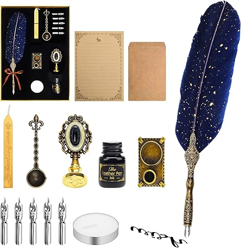 Miniatura 8 de Anglekai Juego de bolígrafo y tinta, pluma de caligrafía con sello de cera, tinta y barras de sello de cera, puntas de repuesto, cuchara, papel de