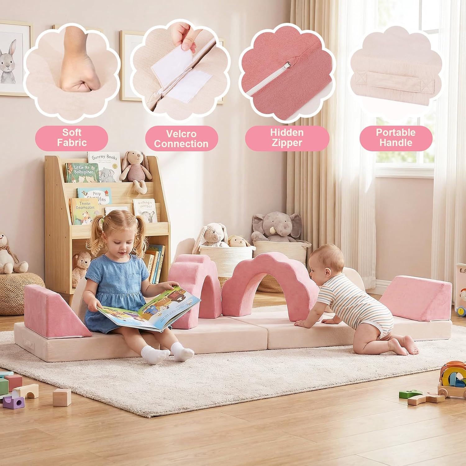 Flower Kids Play Couch 10PCS Toddler Couch High Density Foam Sectional Sofa Playroom Kids Furniture for Girls and Boys Bedroom (Beige & Pink)