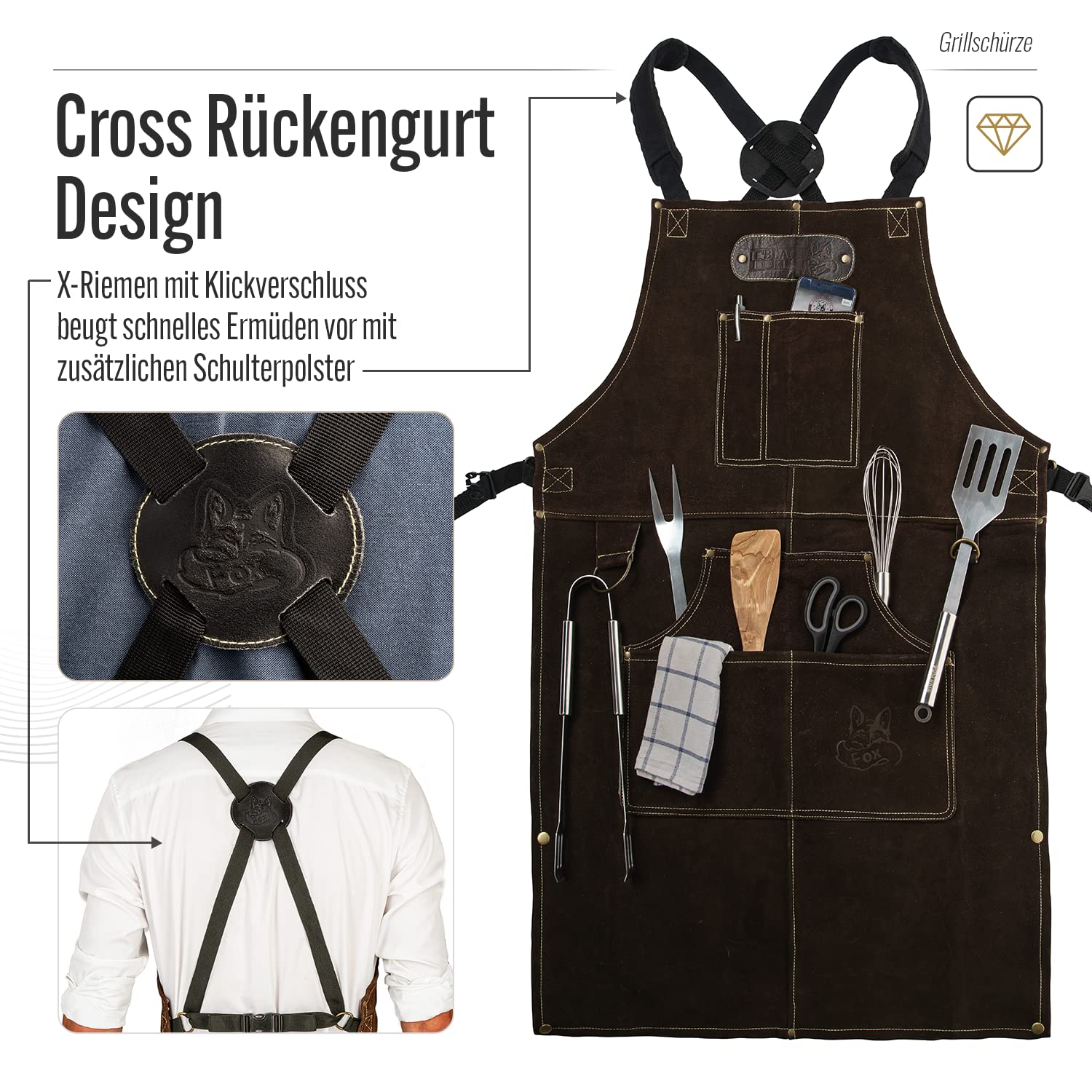 ROUGH Arbeitsschürze Lederschürze aus Büffel Wild Leder Schürze, Rauleder, Grillschürze, Gastronomie, Barista, Kochschürze | 61x94 cm | Variabel von M - XXL in 3 Farben