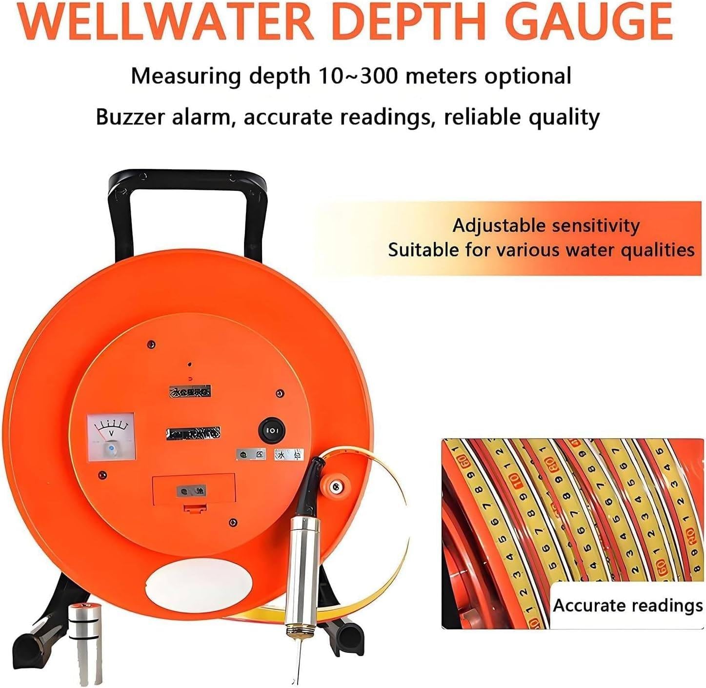 Portable Water Level Meter, Steel Ruler Electric Water Level Gauge, with Fixed Probe & Durable Steel Tape, for Wells, Boreholes, Reservoirs & Pipes 50m