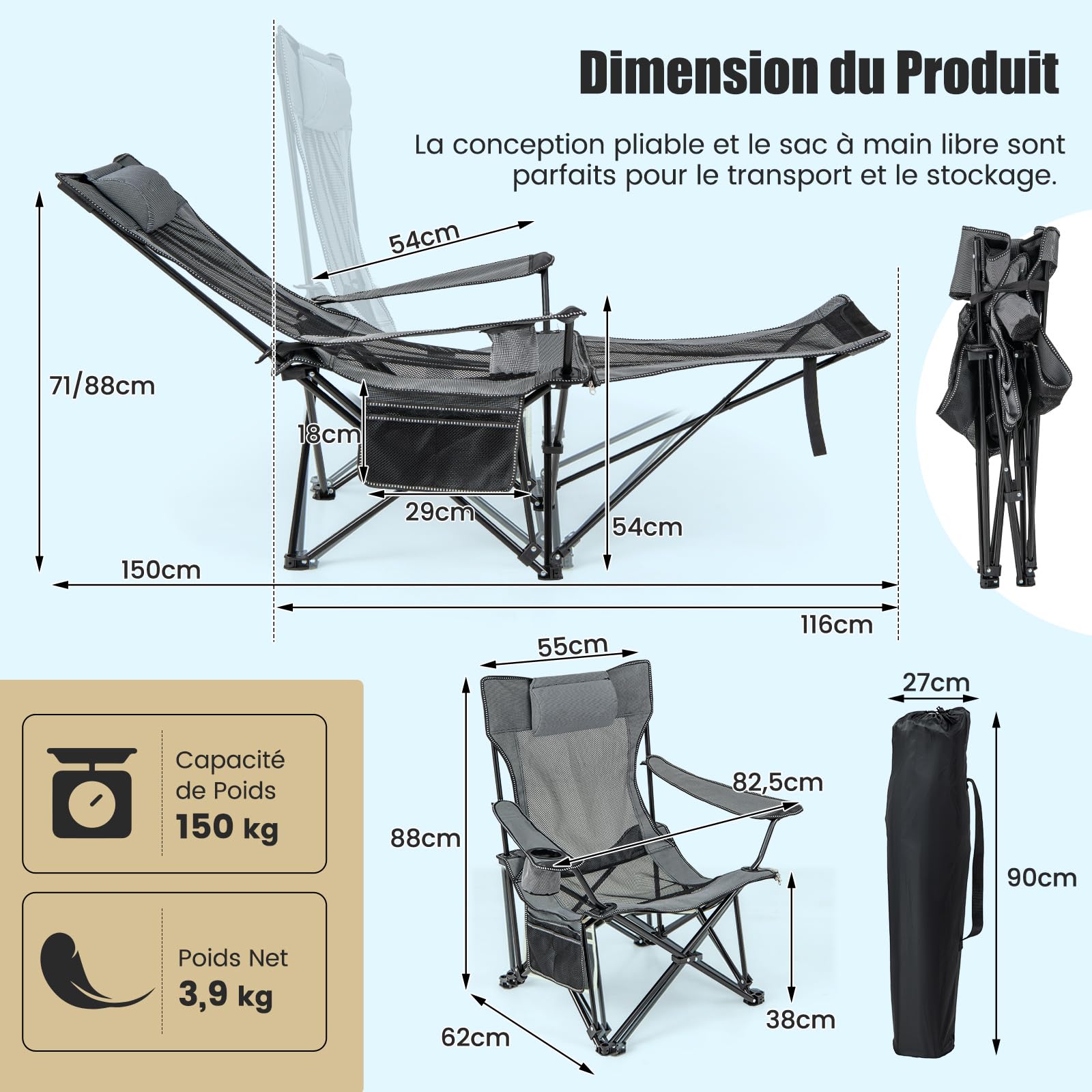 COSTWAY Chaise Pliante Camping, Chaise Longue Réglable sur 4 Positions, Repose-Pieds Amovible, Appui-Tête, Poche, Porte-Gobelet, Fauteuil Inclinable pour Plage Pêche Bureau, Charge 150 KG, Gris