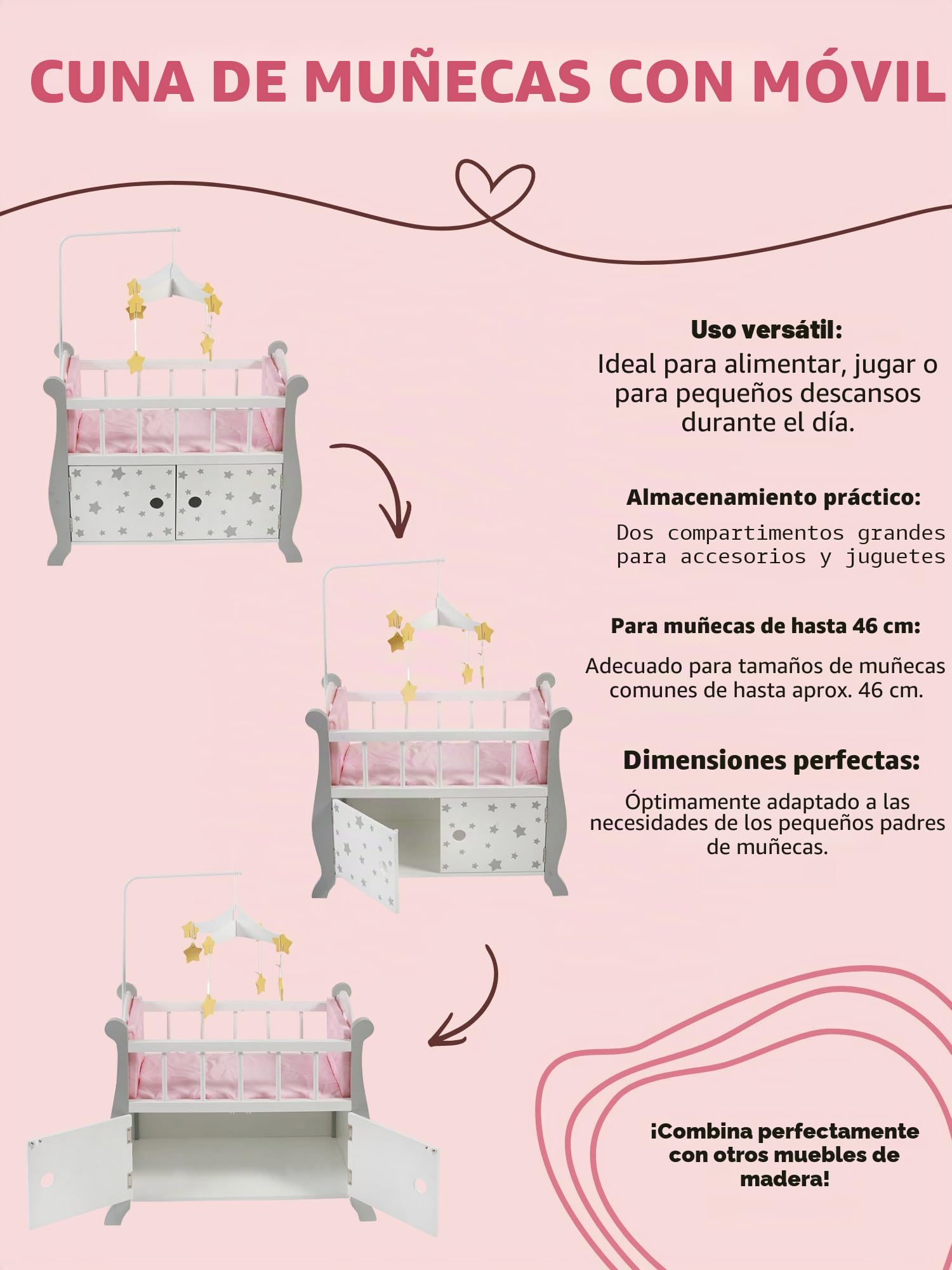 Bayer Chic 2000 - Cama para muñecas con móvil, Muebles para muñecas, Accesorios para muñecas, Estrellas Grises