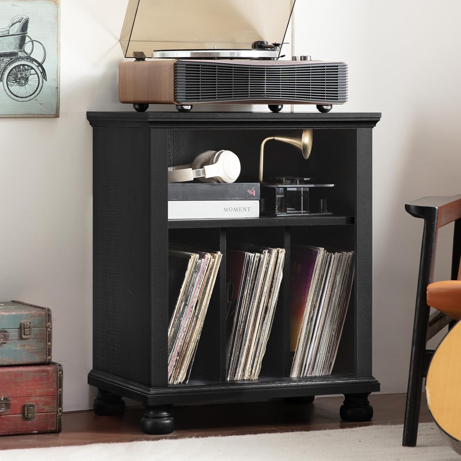 Joaxswe Record Player Stand with Vinyl Record Storage, 24" Wide Mid-Century Record Player Table Up to 200 Albums,Large Wood Turntable Stand Cabinet Dispaly Shelf for Living Room,Bedroom,Black