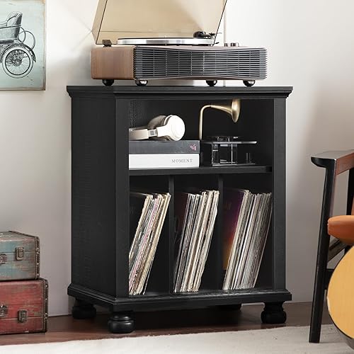 Soporte para tocadiscos con almacenamiento de discos de vinilo, mesa de tocadiscos de mediados de siglo de 24 pulgadas de ancho hasta 200 álbumes,