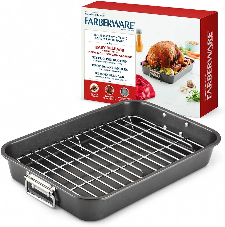 Farberware 11-by-15-Inch Nonstick Roaster with Rack product image from the current Amazon listing