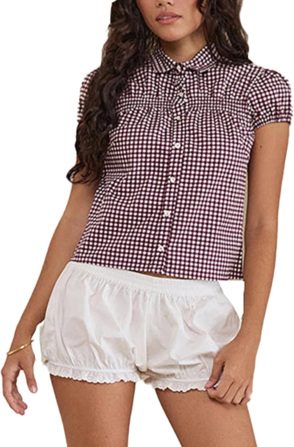Women Y2k Button Down Shirt Cute E-Girls Short Sleeve Slim Fit Crop Top Collar Plaid/Striped Coquette Babydoll Blouse - Image 5