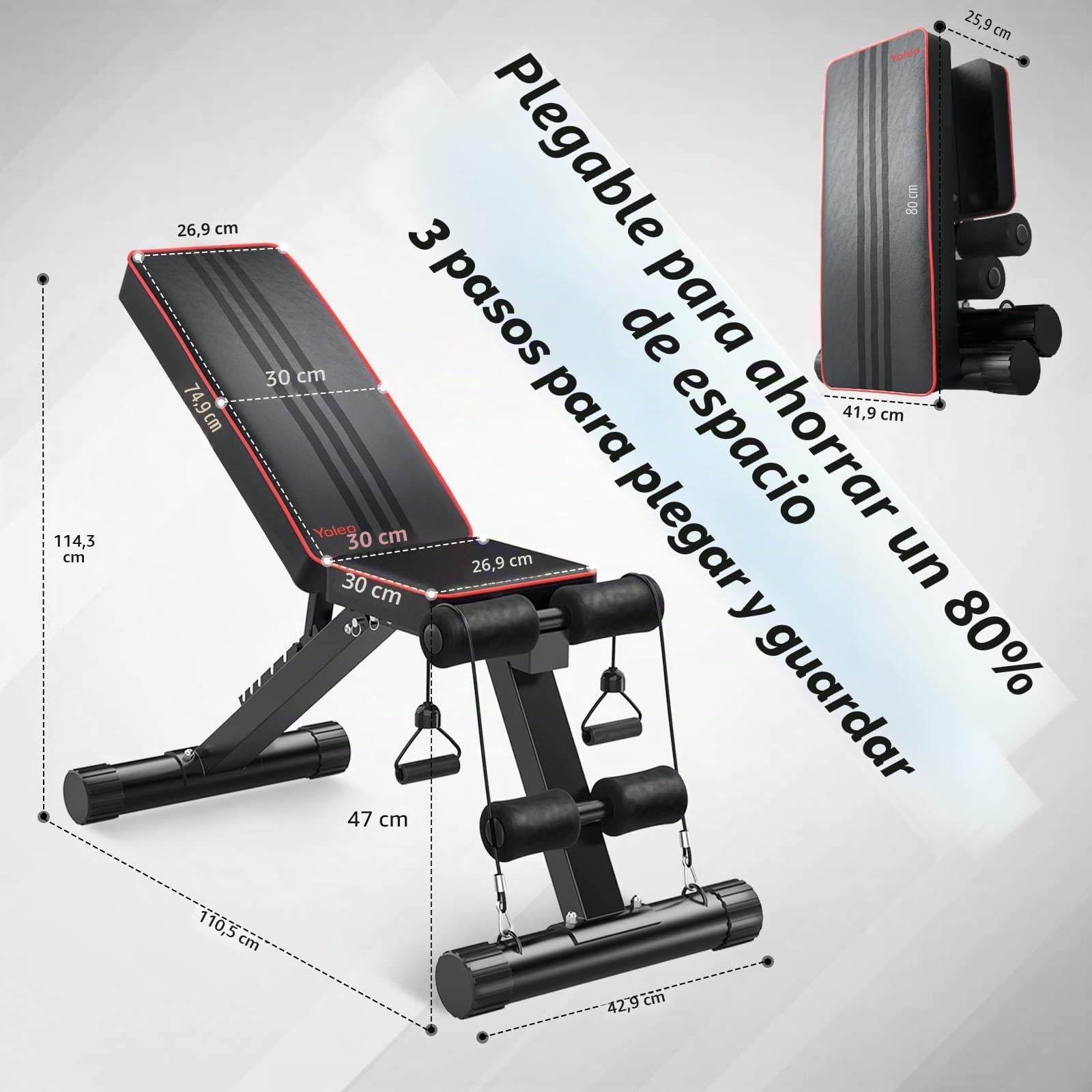 YOLEO Banco de pesas plegable multifunción para entrenamiento, fitness, abdominales, banco inclinado con 6 posiciones, respaldo ajustable, cojín de asiento ajustable en 3 posiciones, carga 300 kg