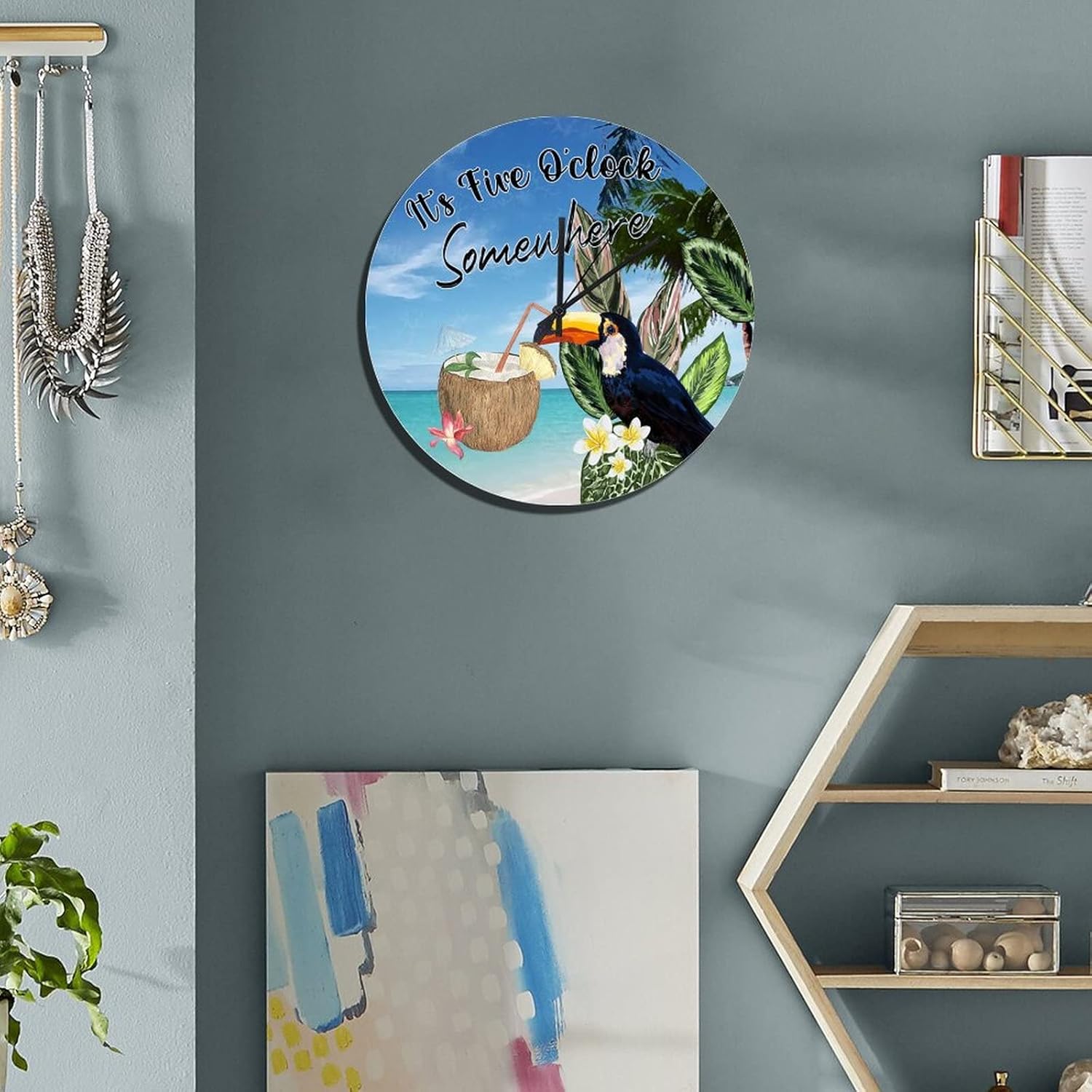 UFunhome It's Five O'clock Somewhere Wall Clock Tropical Summer Yellow Parrot Bird Banana Leaves Clocks Silent Movement Battery Operated Hanging Wooden Clock for Patio Pool Bathroom Bedroom 15-Inch