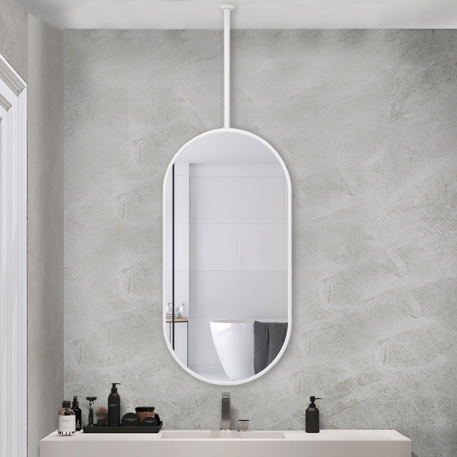 Yopappol Oval Modern Hanging Rod Mirror with Customizable Ceiling-mounted Boom, Home Hotel Floating Bathroom Vanity Makeup Mirrors, Metal Framed Decorative Hanging Mirrors, White (Size : 40cmx60cm)