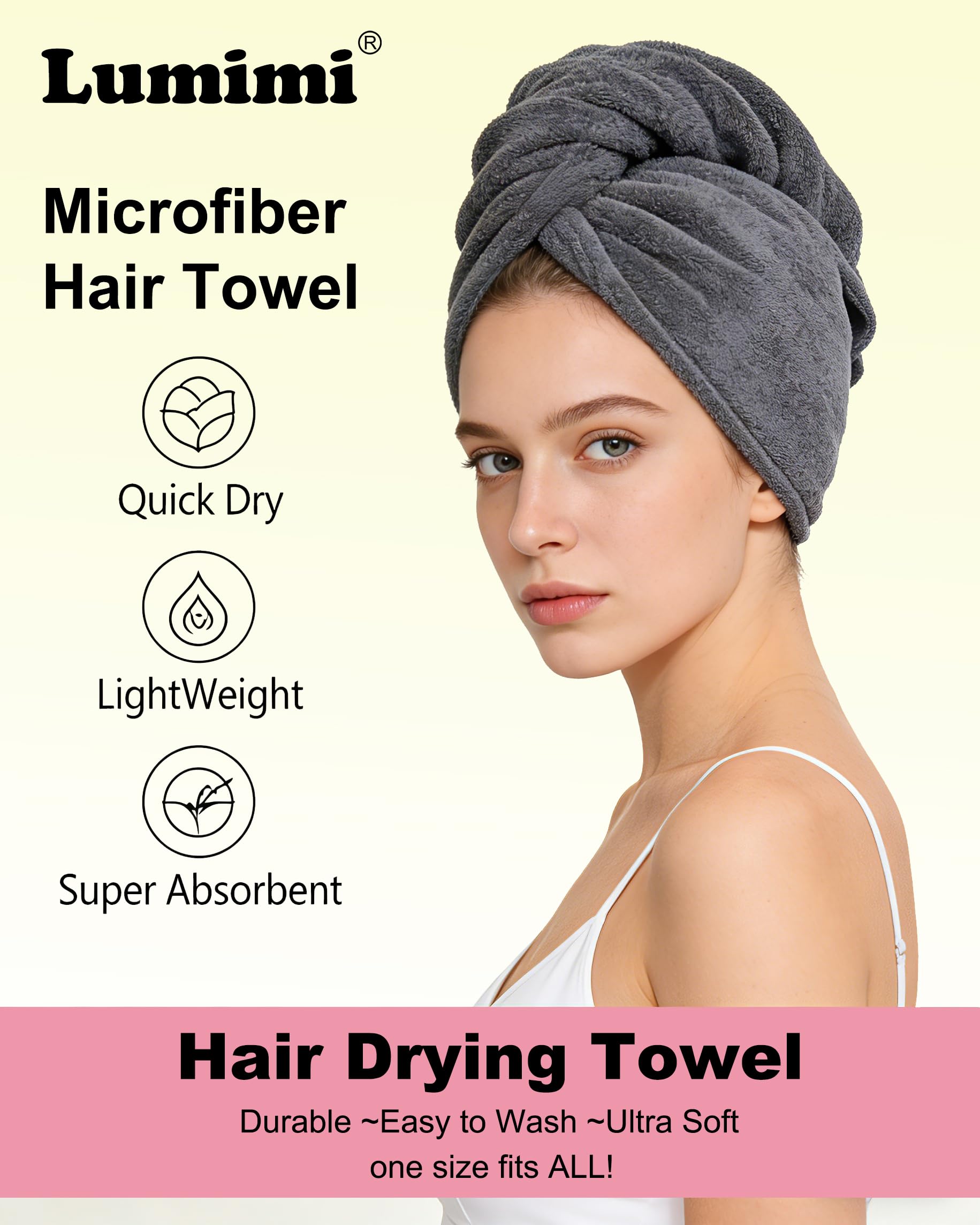 Lumimi Toalla de baño para el cabello presecado, paquete de 2 unidades, secado rápido, súper absorbente, ligera, turbante con botón de secado de cabello, envoltura de ducha, bienestar de ducha, color