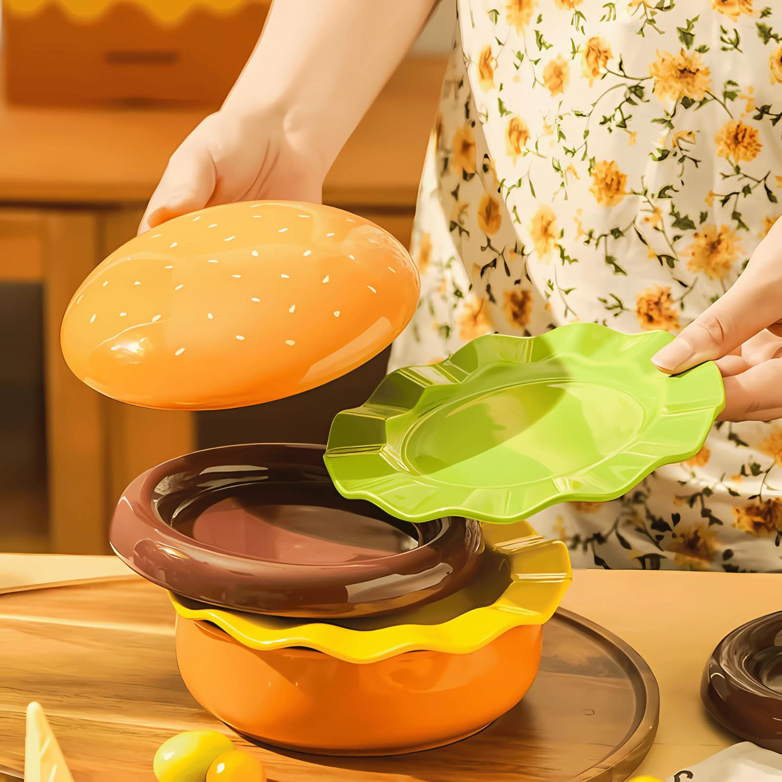 Keramik-Hamburger-Teller und -Schüssel-Sets, 5-teiliges stapelbares Burger-Geschirr-Set, lustiges und niedliches Weihnachtsgeschenk für Kinder und Erwachsene