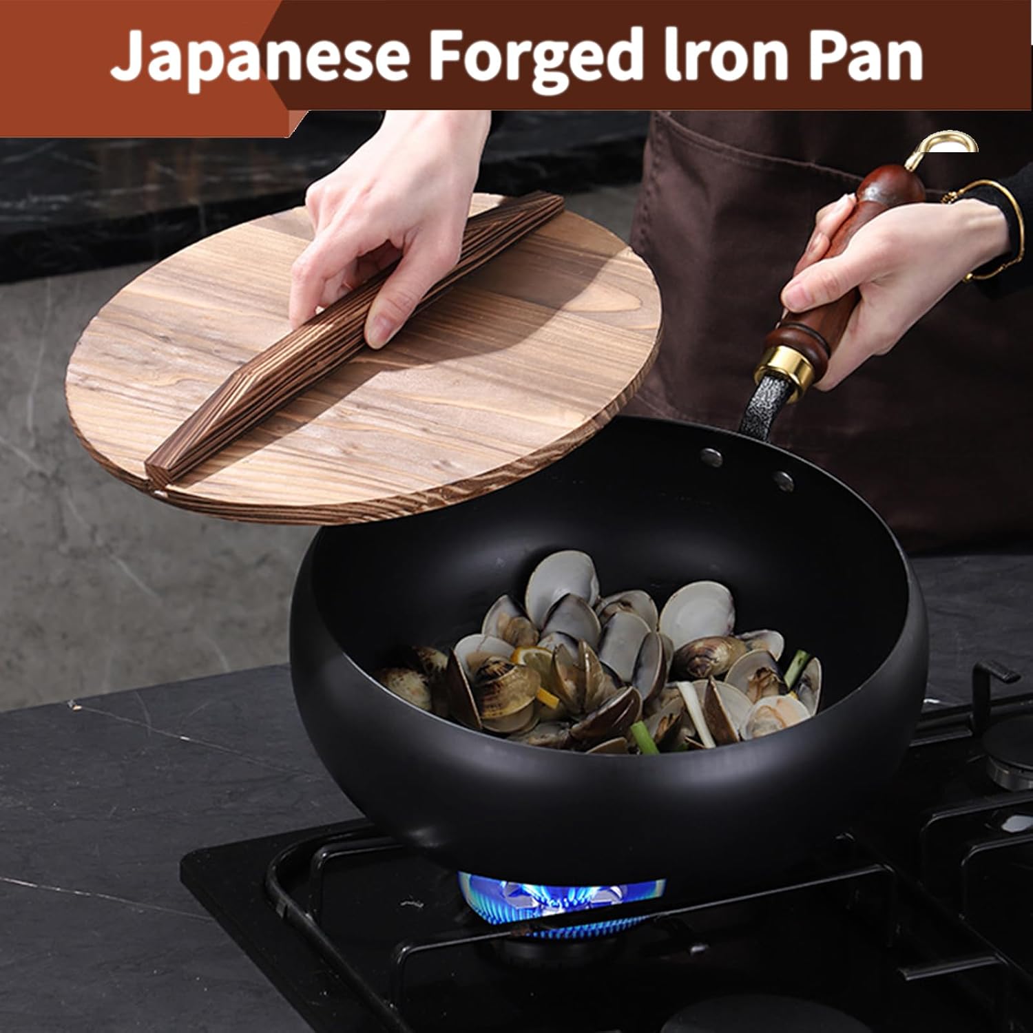 Suntuup Japanese Iron Pan, Uncoated Iron Pan, 9.45 Inch Suntuup Japanese Iron Frying Pan Non-Stick IronPan for Cooker Gas Stir Fry Pans with Lid Spatula Durable and Rust-Free (Wooden Lid, 9.45in)