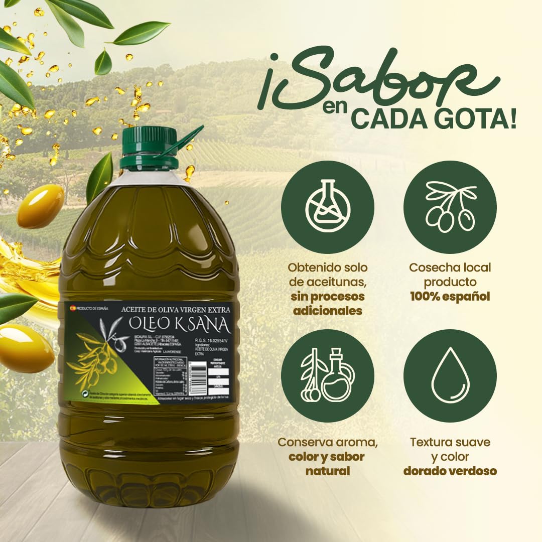 Oleo Ksana Aceite de Oliva Virgen Extra 5 Litros, Prensado en Frío, Nueva Cosecha, Sin Mezclas, Valencia con Dosificador incluido