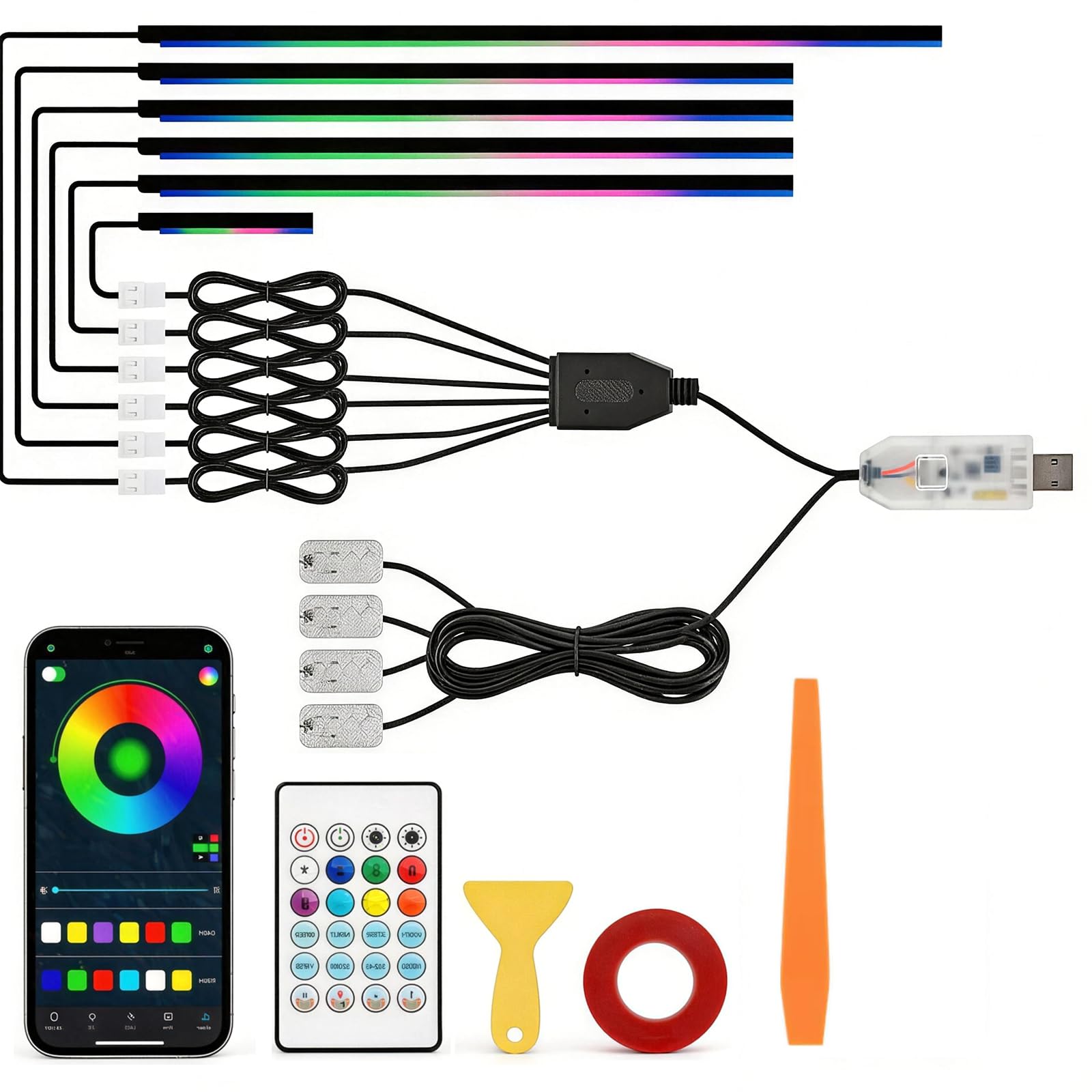 Acrílico 6 en 1 Auto Ambientebeleuchtung RGB LED Auto Innenbeleuchtung Strip Lights 445cm 584 LEDs con 16 millones de colores, 210 Dynamische, USB-Port A uto LED Innenbeleuchtung