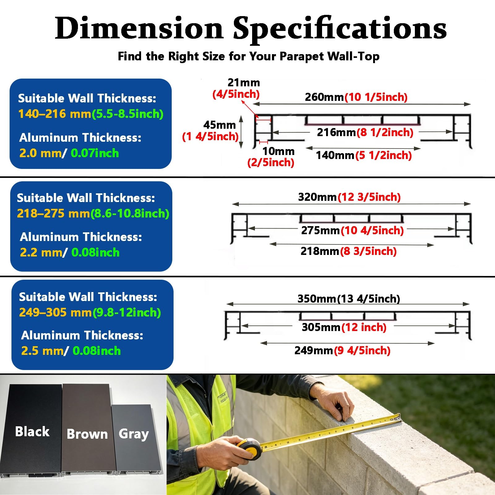 Caballete metálico de protección resistente a la intemperie, hecho a medida | Placa de tapa de pared de valla empalmable rectangular con canales de luz para paredes de piedra(L 78 7/10'',Fits Wall T 9")