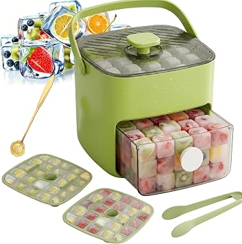 2026 New 2-in-1 Large Capacity Ice Maker & Storage Bin Set, Double-Deck Portable Plastic Ice Cubes Trays for Freezer, Easy Press Release 48 Ice Cube Moulds for Drinks, Cocktails, Parties Green