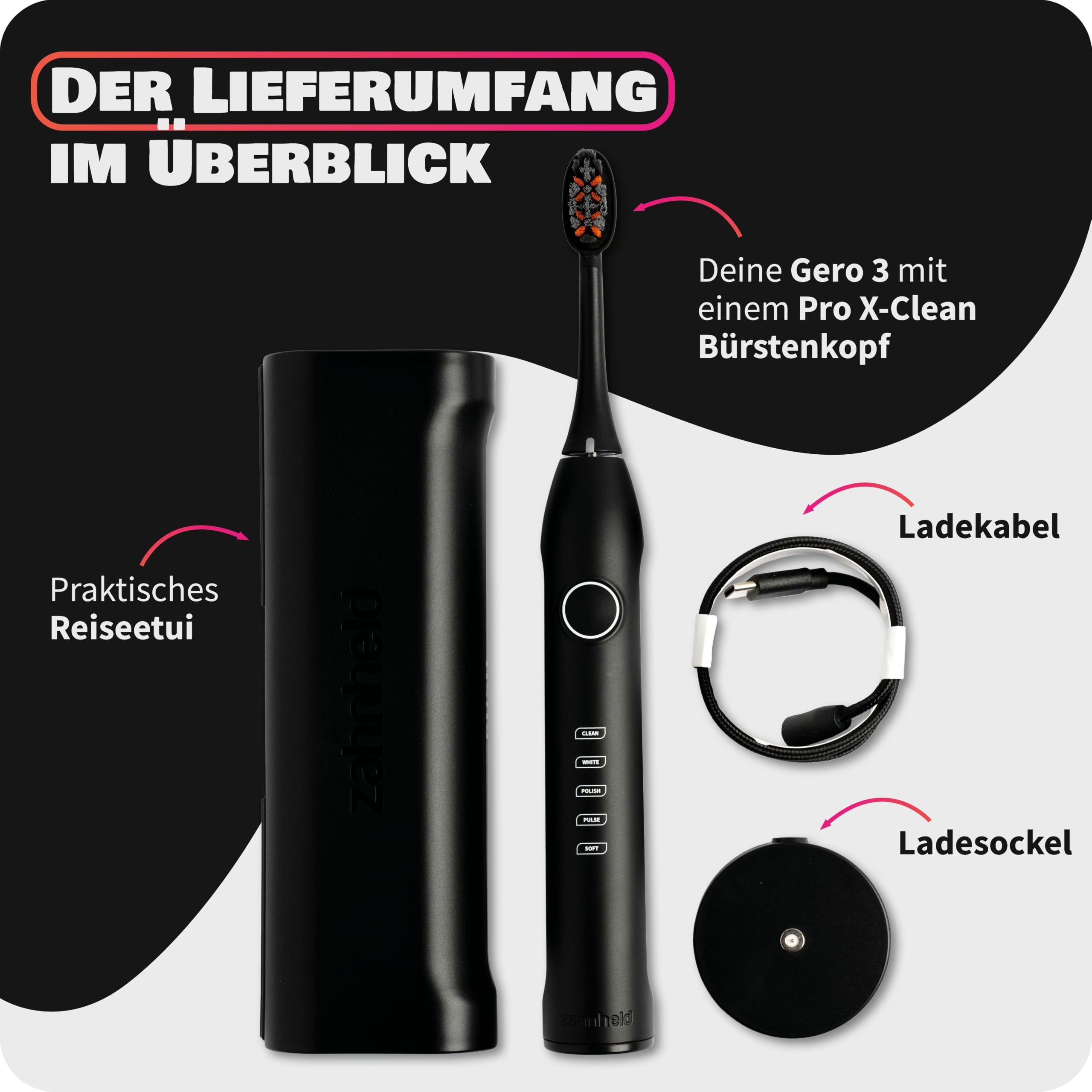 Zahnheld Gero 3 Schallzahnbürste, ETM Test SEHR GUT 93%, IPX7, Schwarz | Elektrische Zahnbürste, bis zu 110 Tage Akkulaufzeit, 5 Modi, Andrucksensor & Timer, inkl. Bürstenkopf & Reiseetui