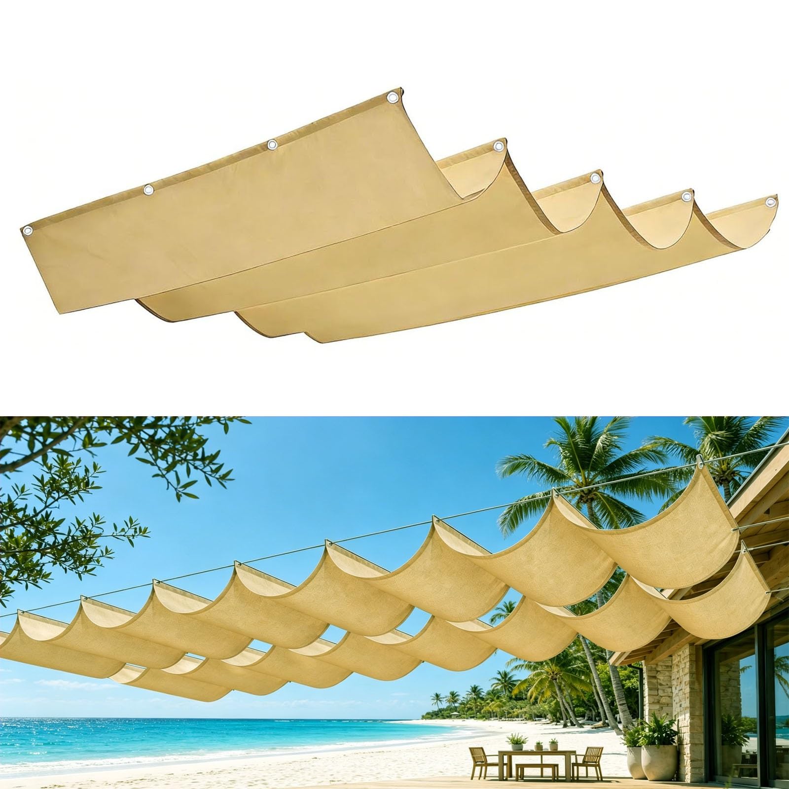 Voile d'ombrage rétractable en vague jaune sable pour sublimer votre patio