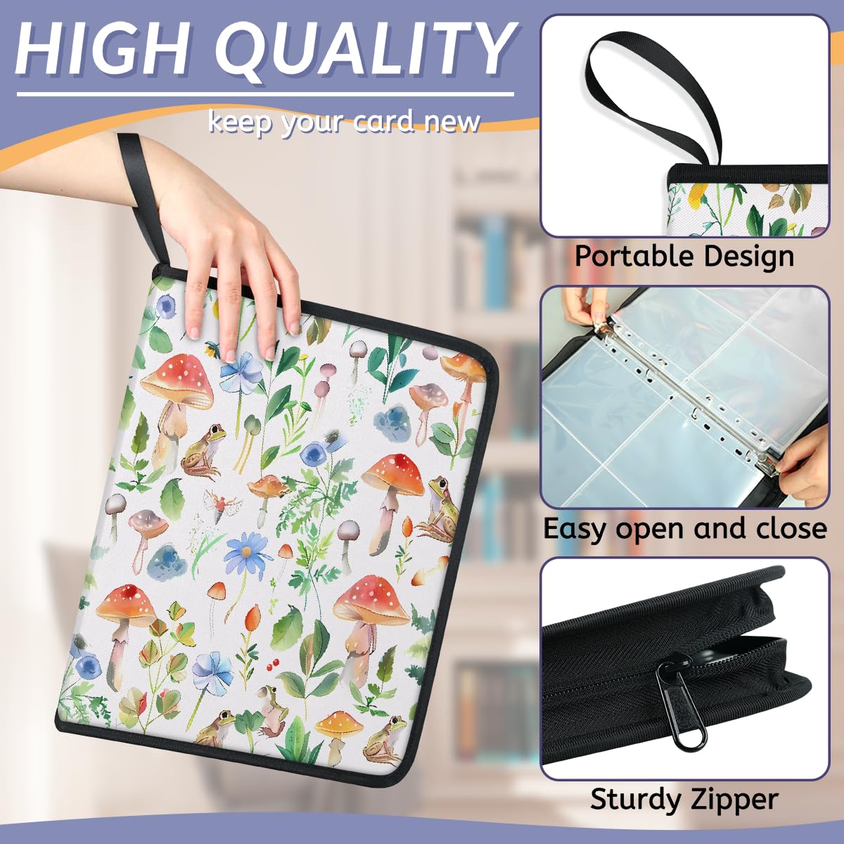 Raccoglitore per carte collezionabili con 4 tasche ad acquerello a forma di fungo, raccoglitore per carte con foglie di rana, con maniche rimovibili, impermeabile, con cerniera, 50 pagine, capacità