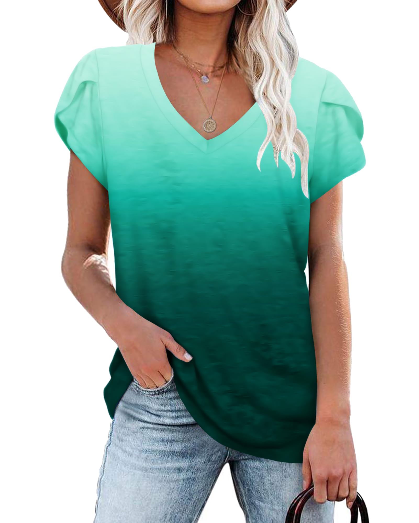 PLOKNRD Sommer Damen T-Shirt V-Ausschnitt Blütenblatt Kurzarm Strand Tops | Freizeit Leicht Sport Oberteile Sommershirt Top Bluse Boho Klassisch Yoga Urlaub Party Locker Elegant Büro Alltag