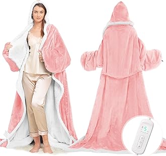 Wearable Heated Blanket with Foot Pocket, Electric Wearable Throw Blanket with Sleeves, Hood, Portable Heated Blanket with 8 Heat Settings, 1-10 Hours Auto Shut-off, Gift for Family, Friends, 50*70"